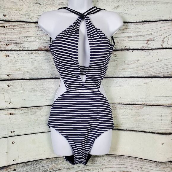 Abercrombie & Fitch Striped One Piece Swimsuit Women’s Large Cutout Halter - Picture 1 of 7